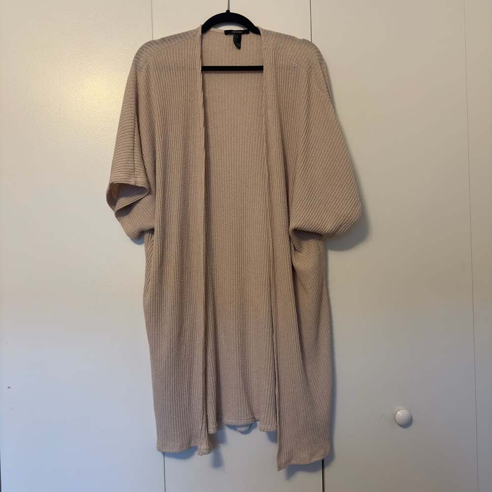 Forever 21 Ribbed Knit Open Front Duster Cardigan Sweater Beige Size L